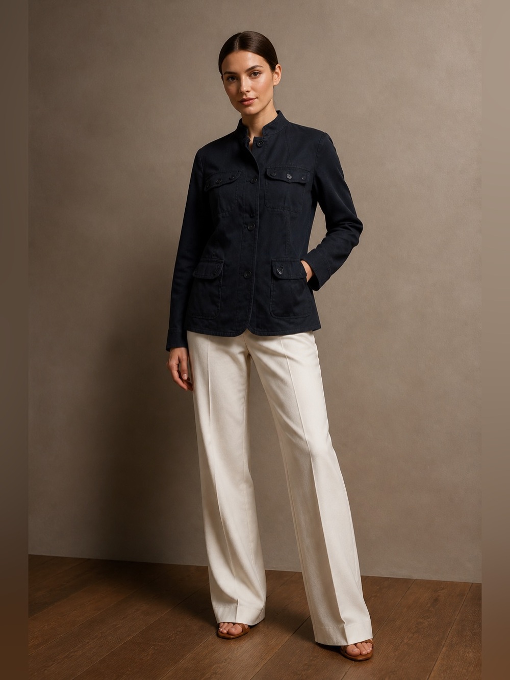 Talbots Navy Button-Front Utility Jacket with Mandarin Collar